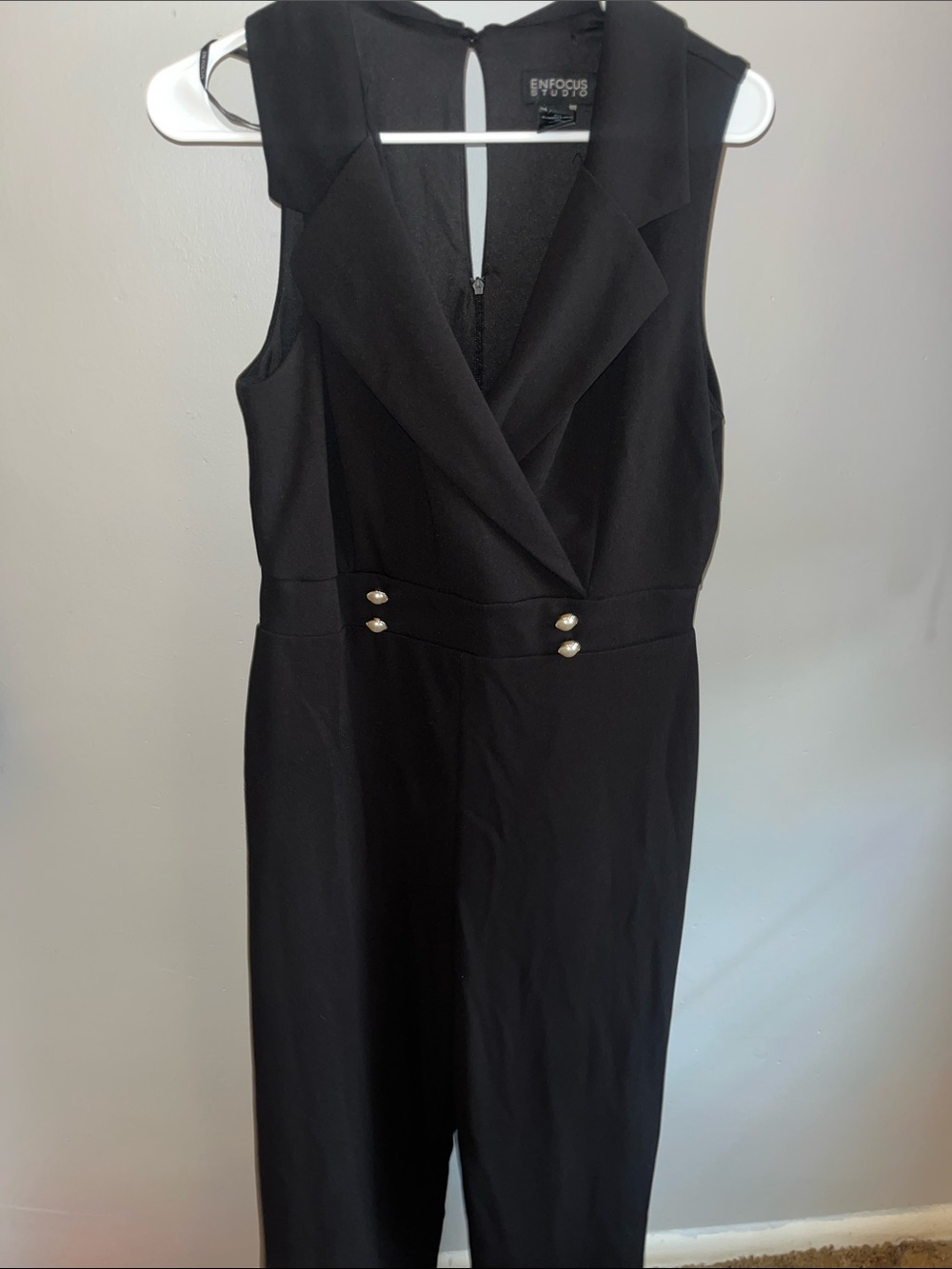 Enfocus Studio Black Sleeveless Jumpsuit with Gold Buttons